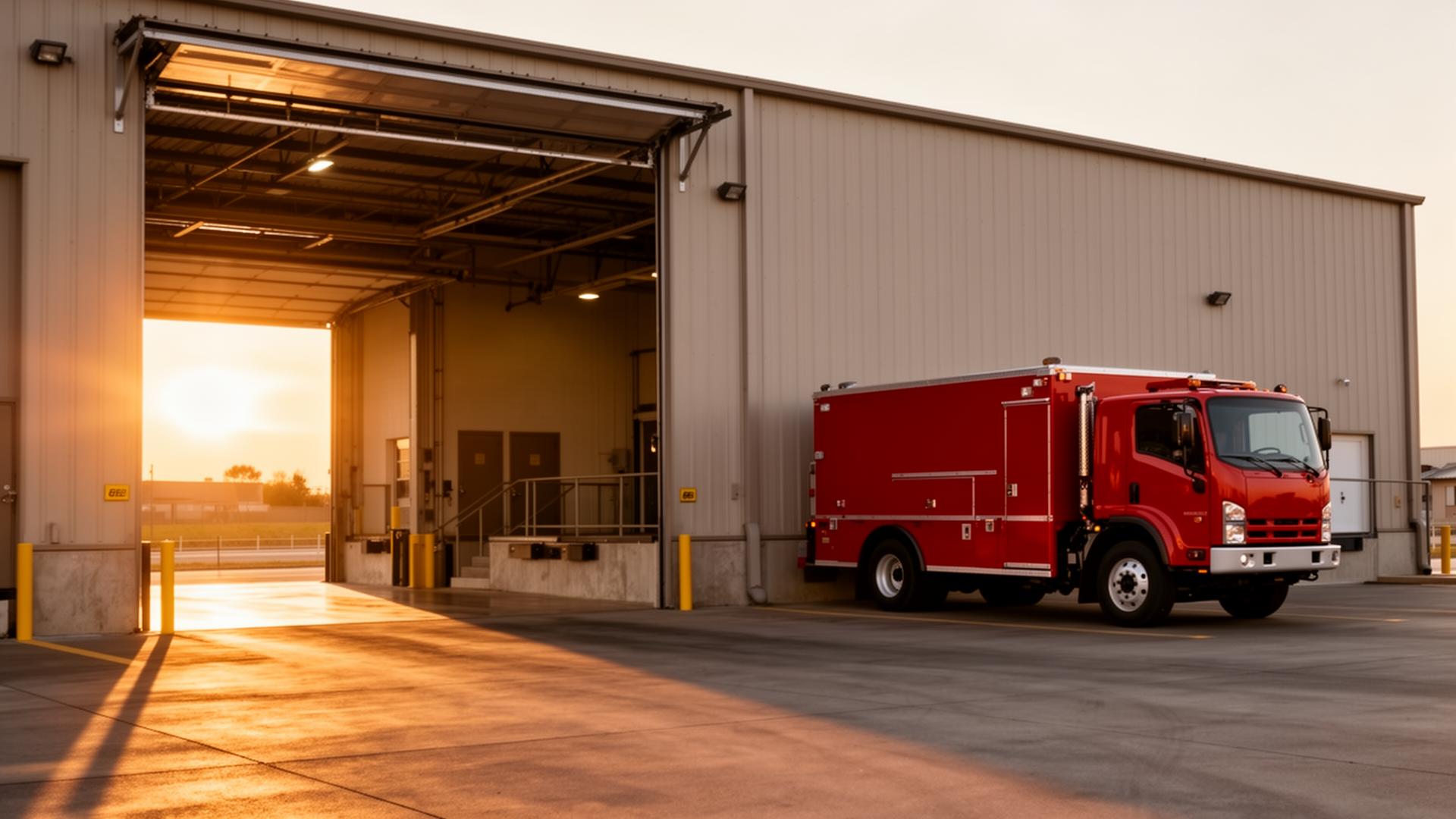 Commercial loading dock with overhead garage door and red service truck